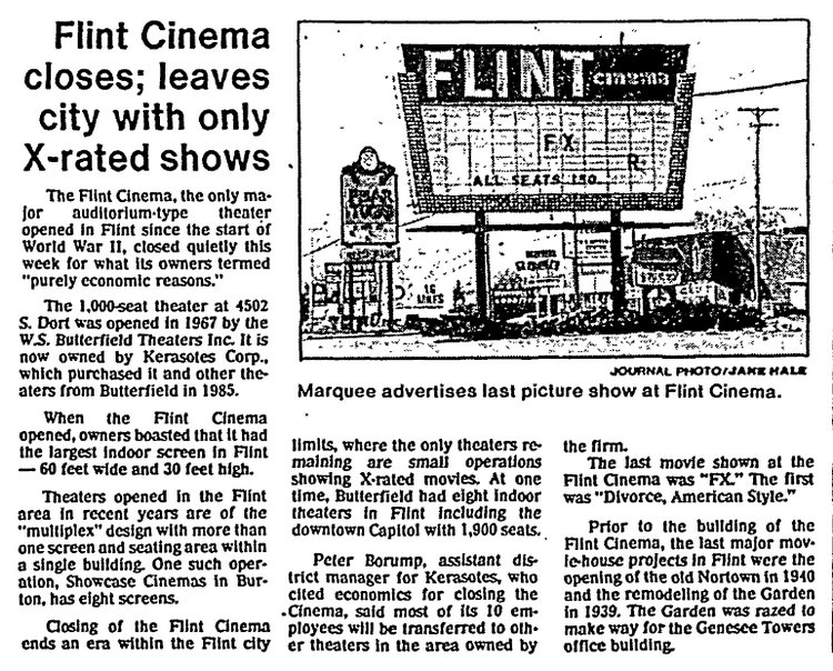 Flint Cinema - 1986 ARTICLE ON CLOSING (newer photo)